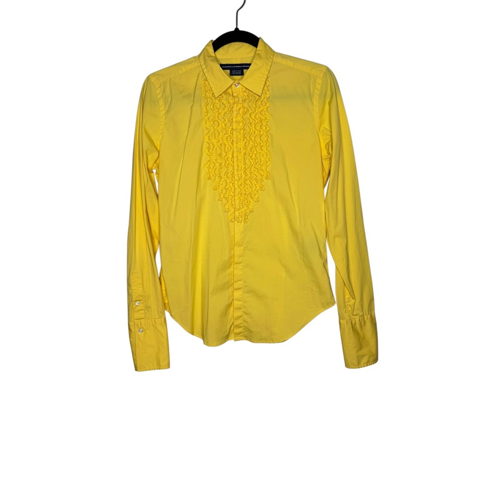 Ralph Lauren Sport Yellow Ruffle Bib Button Down Shirt Women Size 10 Long Sleeve